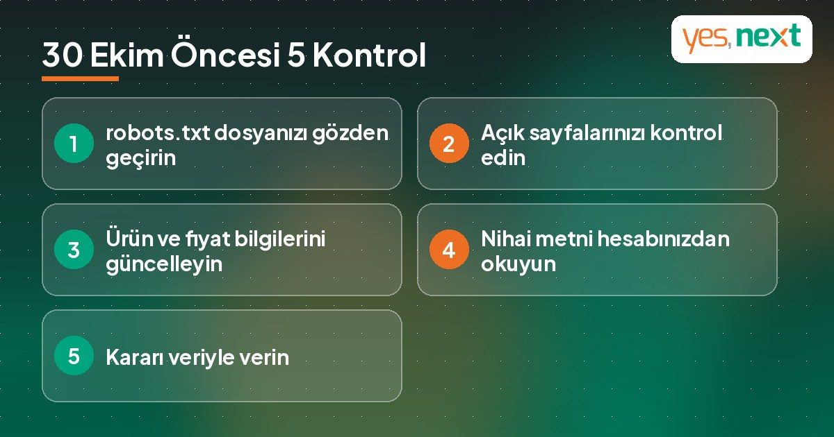Meta'nın yeni ticari koşulları öncesinde web siteleri için 5 kontrolü gösteren infografik
