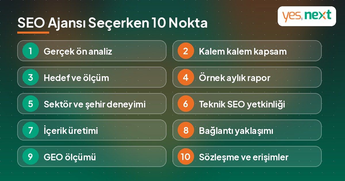SEO ajansı se&ccedil;erken bakılması gereken 10 noktayı g&ouml;steren infografik