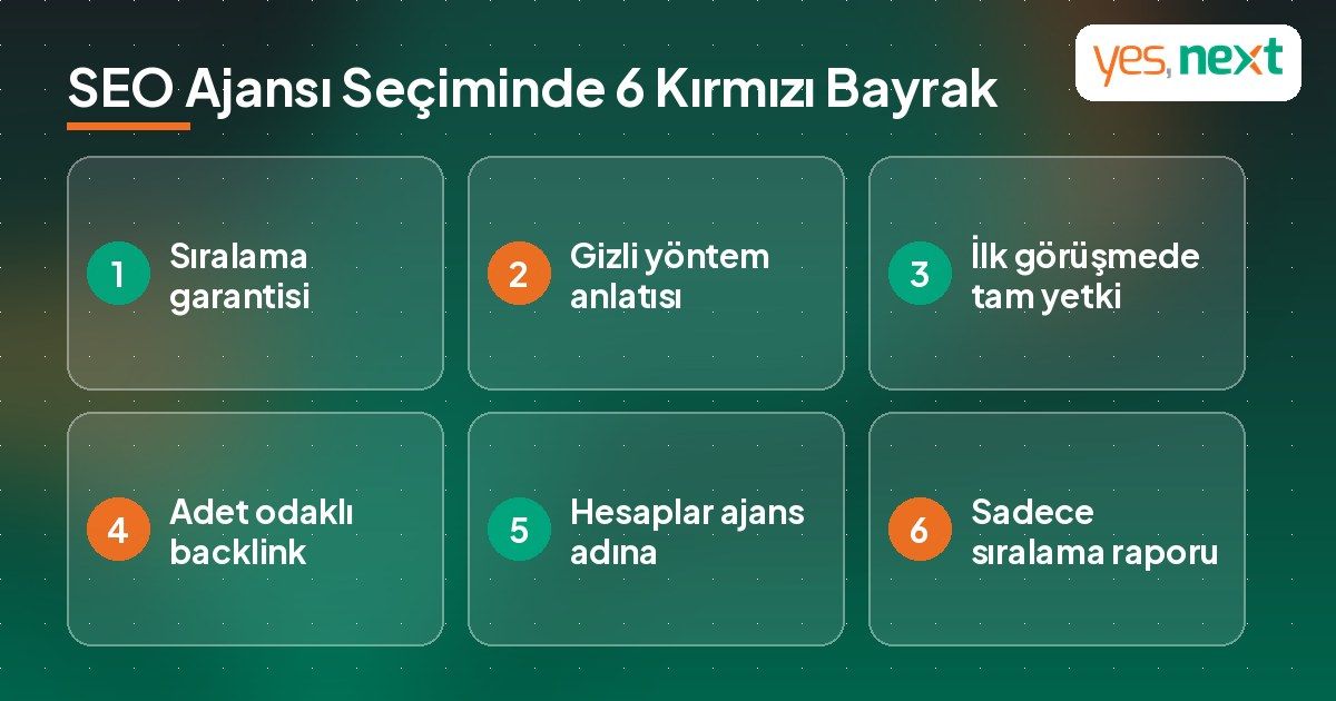 SEO ajansı se&ccedil;iminde 6 kırmızı bayrağı g&ouml;steren uyarı infografiği