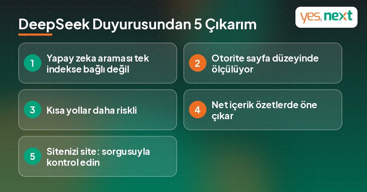 DeepSeek arama motoru duyurusunun işletmeler için 5 çıkarımını gösteren infografik